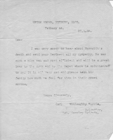 Letter from Brigadier Willoughby Norrie, 1st Cavalry Brigade, based in Tetbury, Gloucestershire