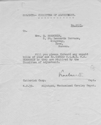Letter to SH's mother, Mrs G Horrobin, from Captain Knebworth, Adjutant at Catterick Depot, requesting notification of any unpaid bills of SH's