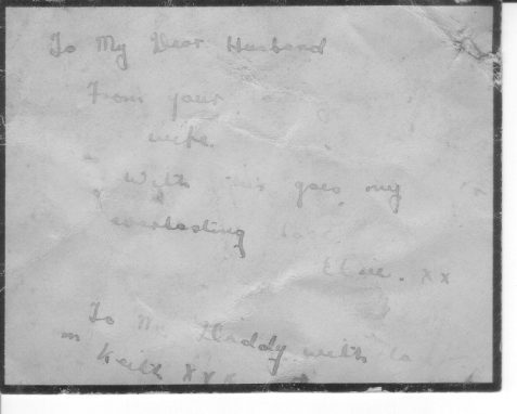 Handwritten message of sympathy from SH's wife, Elsie, and son, Keith on a black-bordered tag presumably from a florist