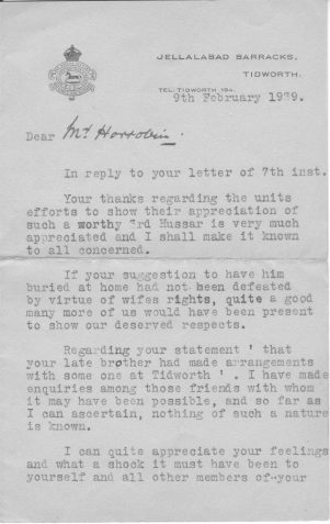 Letter to Mr Horrobin (SH's father) sent from Jellalabad Barracks, Tidworth, Wiltshire (signature unclear)