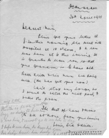 Letter from SH to his mother written 45 minutes after his son, Keith, was born