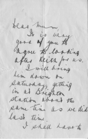Letter from SH to his mother thanking her for agreeing to look after Keith in Brighton for a short time