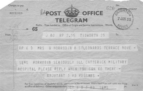 Telegram to SH's mother from the Adjutant in Tidworth, Wiltshire informing her that he is seriously ill and in Catterick Military Hospital, Yorkshire