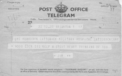 Telegram to SH whilst in Catterick Military Hospital from his brother Jim