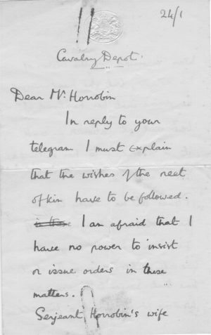 Letter from Captain Knebworth, Adjutant, to Mr Horrobin (SH's father)