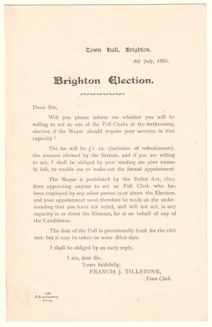 Printed letter recruiting Poll Clerks for Brighton Election