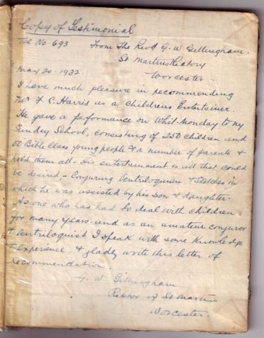Copy of a testimonial from the Revd G W Gillingham, St Martin's rectory, Worcester