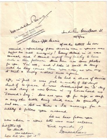 Letter from Donald Peers to Ray Harris