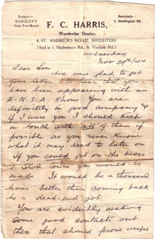 Letter from Frank Harris, Brighton, to his son Ray Harris