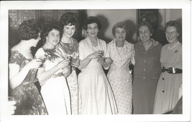 Metal Box Dinner-Dance (date unknown) - l-r Ethel Luff, unknown, unknown, unknown, Nell Godfrey, unknown, my mother Kitty (Kit) Phillips.