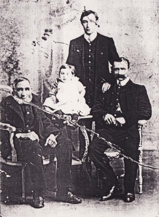 Taken around about 1909, it shows (from left to right) William John Crossfield (bn 1836), William Dickson Alfonso Crossfield (the child, bn 1907), William James Crossfield (bn 1886) and William James Crossfield (bn 1865). | From the private collection of Steve Williams