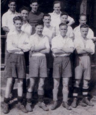 This is the Lewes Road Office Staff Football Team in the 1940's  Back Row (LtoR)---  ?- Harwood- Ginger?  Centre Row (LtoR)---Stoner-Christmas-Divall-Russell  Bottom Row (LtoR)---Claridge-Hammond-?-Wingham - Click on the image to open a larger version in a new window | From the private collection of Desmond Divall