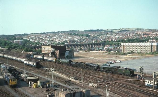 Brighton Locomotive Works site. The picture, from the early 1970s, shows the early use of the site as a car park. The old main signal box is still in situ. I believe the occasion was the removal of some of the locomotives that had been stored in the old 