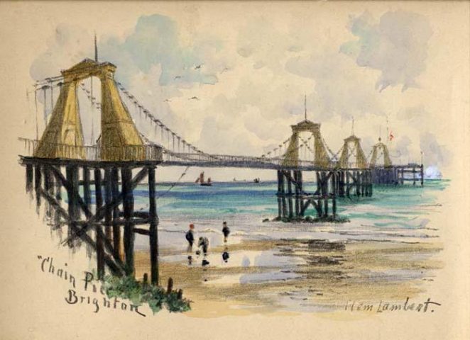 This watercolour of the Chain Pier is by the noted and prolific local artist Clem Lambert. It was found in a Dorset junk shop and purchased for 15p! | Watercolour by Clem Lambert. Submitted to site by John Lamper.