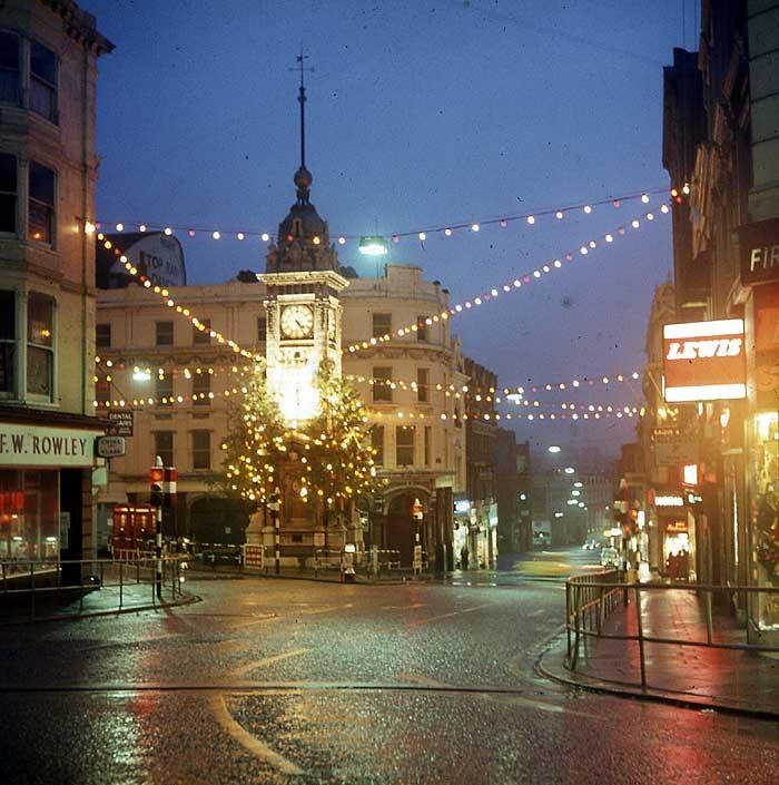 Clock Tower looking east. Christmas Night, 1967 | Photo by Peter Allison