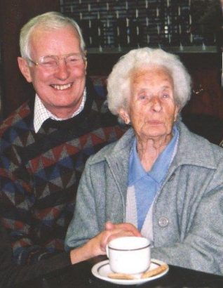 Daisy and her son Denis pictured in Ovingdean Village Hall (2000) at the launch of the oral history book for which she was interviewed | From the private collection of Jennifer Drury