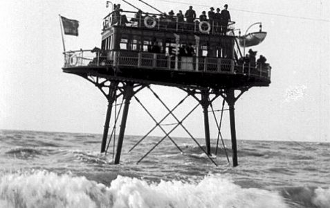 Photo of the tramcar at sea, c1900