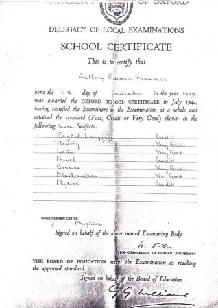 Tony Simmonds' School Certificate | From the private collection of Tony Simmonds