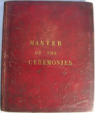 This is a Master of the Ceremonies book for Brighton, bound with red leather. Printed at the top of each page is, 'Master of the Ceremonies.'. The first page is dated 1 January 1821 and the first entrant in the book is 'His Majesty the King' (the King being, King George IV). The book was made in the early 19th century by 'Elvey, Stationer', in Holborn, London. | Reproduced courtesy of  Royal Pavilion, Libraries & Museums, Brighton & Hove