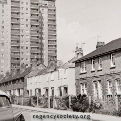 1974 and four houses being demolished; also showing Hereford Court flats | Reproduced with kind permission of The Regency Society