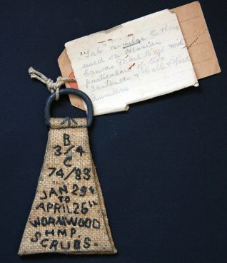 Memento of Arthur Sanders' stay in Wormwood Scrubs prison during the First World War. The label reads: 