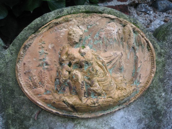 Terracotta bas-relief tombstone ornament created by stonemason and sculptor Jonathan Harmer (1762 - 1849) | Photo by Simon Bannister