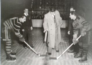 Jack Gardener drops the puck for the face off. Tigers v Earls Court Rangers | From the private collection of Trevor Chepstow