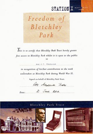 Certificate giving Cyril Fairchild the freedom of Bletchley Park, 2001 | Contibuted to Letter in the Attic by Beryl Payne and Cyril Fairchild