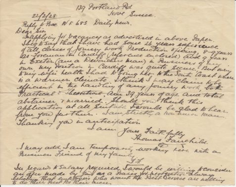 Letter of application from Thomas Fairchild, Portland Road, Hove for a post as a joiner in response to an advertisement in the Daily News