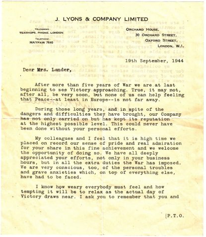 Letter from the management of J Lyons and Company Ltd to Emilia Mary Lander