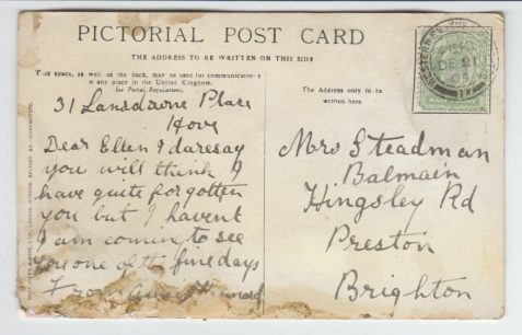 Postcard from Annie Hammond of 31 Lansdowne Place, Hove to Mrs Ellen Steadman