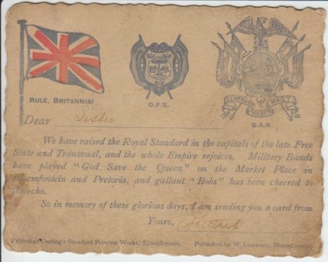Front of postcard issued to British troops during the Boer War, 1900