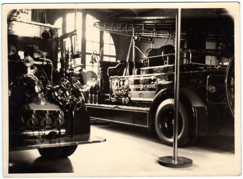 Photograph of two fire engines inside Hove Street Fire Station