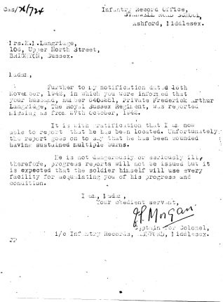 Letter from the Infantry Record Office to Kathleen Mary Langridge, December 1942 | Contributed to the Letter in the Attic by Jill Langridge