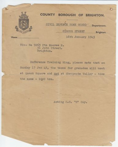 Letter from Civil Defence Home Guard department