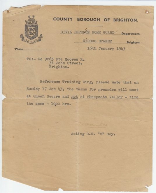 Letter from Civil Defence Home Guard department My Brighton and Hove
