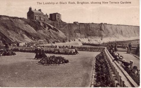 Postcard from Annie Ross (nee Kidson) in Brighton to her mother Mrs Kidson at Tick Hill Castle in Yorkshire depicting 'The Landslip at Black Rock