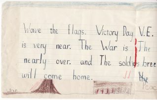 A page from a 'Victory Book' written and drawn at school by Margaret Hutchings aged 7, 8th and 9th May, 1945 | Contributed to the Letter in the Attic by Margaret Pearce