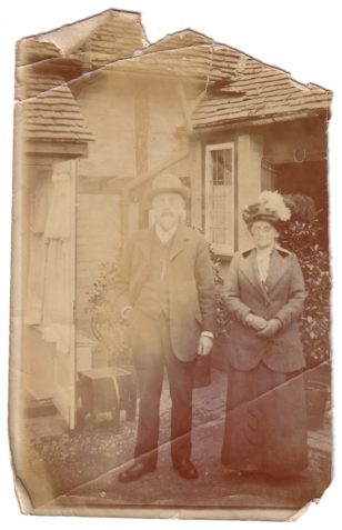 Photograph of Emile Clement and his wife, Emily Elizabeth Clement (née Morgan) (1845-1930), outside their house at 2 Dorothy Road, Hove