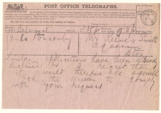 Telegram to manager of Brighton Aquarium from Balmoral turning down request to the Queen, 1878