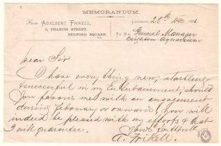 Note from entertainer Adalbert Frikell to manager of Brighton Aquarium requesting a booking, 1881