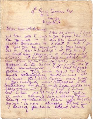 Letter of condolence to Ethel Whitehouse from Lieutenant J J Banham | 6 Mar 1916