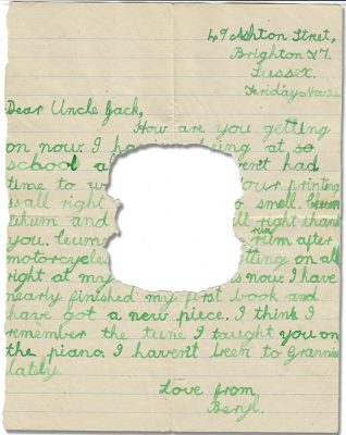 Letter from Beryl Speed, aged 9, to her uncle, Jack Bilton | Contributed to Letter in the Attic by Beryl Tucknott