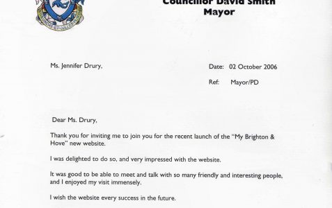 Congratulations from the Mayor of Brighton and Hove for the September 2006 relaunch