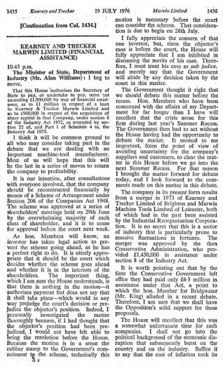 Minutes of the Parliamentary Debate, from 19th July 1976, to authorise financial assistance to Kearney & Trecker Marwin: Click to open a large version in a new window | Copy from the private collection of Peter Groves