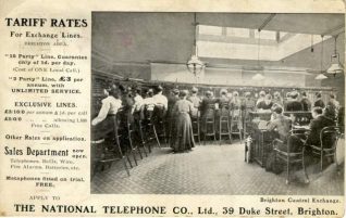 Promotional postcard for National Telephone Company, ca 1907, showing the main exchange. There appear to be 17 operators on duty. | Image reproduced with permission from Brighton History Centre