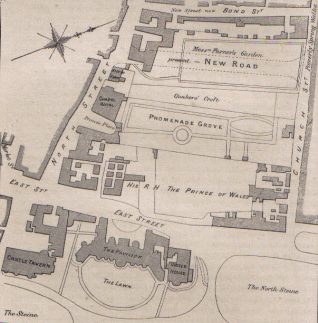 Click the map for a full-sized version.  New Road / Promenade Grove C.1803 | Map copied from the book, Brighton in the Olden Times, Published in 1892 by J. G. Bishop 