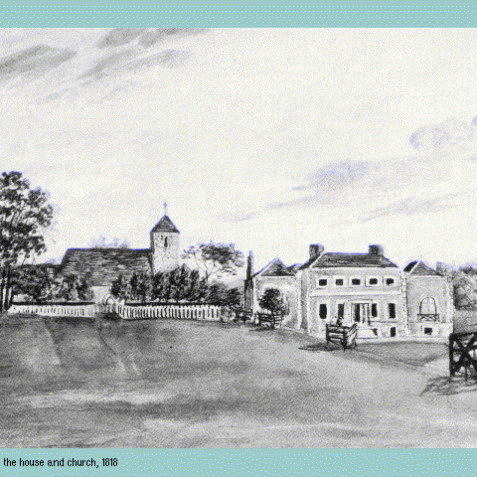 Image of Preston Manor, the house and church, 1818