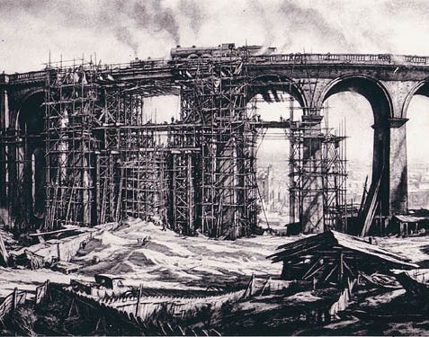 This drawing shows the repairs to the viaduct following bombing on the 25th May when two arches and a pier were destroyed. Allegedly the gap was bridged, with iron girders, within a day and the arches and pier rebuilt within a month. This enabled vital war supplies to be transported once more. The view is from the north looking south.Text by John Blackwell, 14-05-03 | Drawing by Sir David Muirhead Bone (1876-1953)