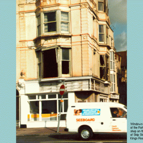 Windows blown out of the Fish and Chip shop a the corner of Ship Street and Kings Road | Image from the 'My Brighton' exhibit